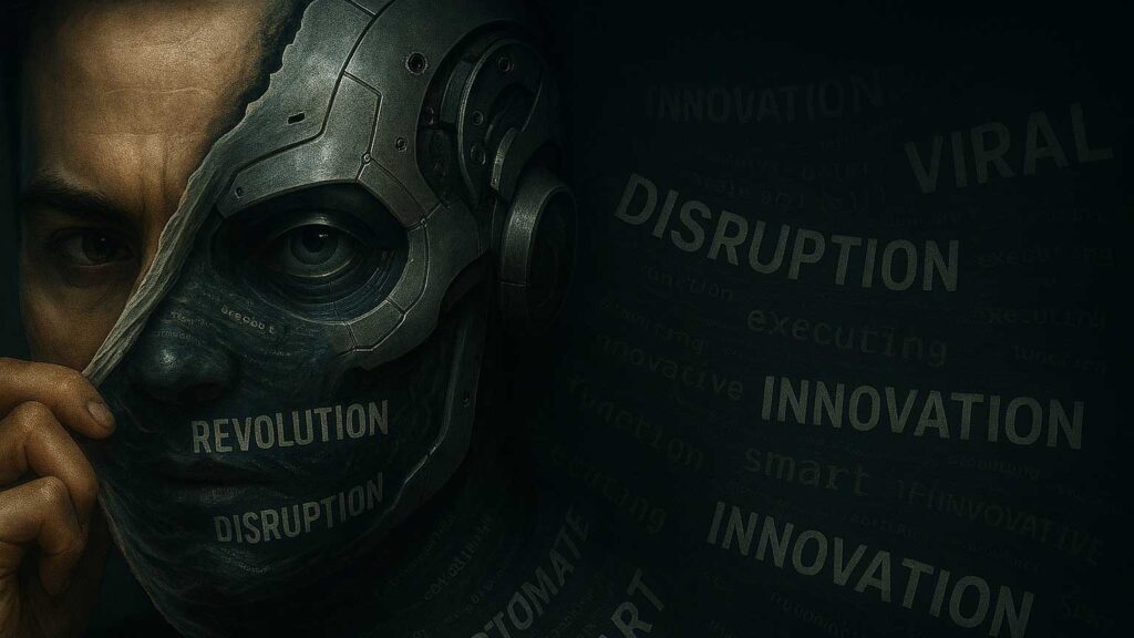 A man peels away part of his human face to reveal a metallic, robotic structure underneath. Words like “REVOLUTION,” “DISRUPTION,” “SMART,” and “INNOVATION” swirl around him in a dark, dystopian background. The image conveys the concept of artificial intelligence masking itself as human advancement, blending themes of technology, identity, and media manipulation.