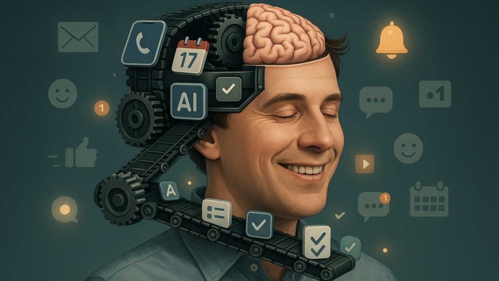 A smiling man with his brain partially exposed and replaced by conveyor belts carrying icons of apps, AI tools, checklists, and notifications — symbolizing how automation is taking over cognitive effort in modern life.Surrounding him are floating social media and productivity icons, set against a minimalist teal background.